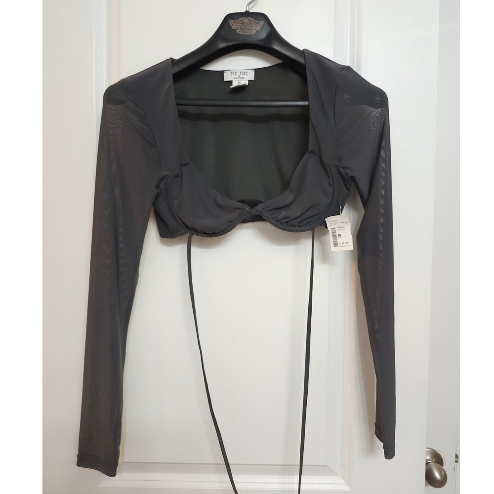 TIC TOC Charcoal Mesh Wrap Tie Top Long Sleeve Cropped Underwired Size M
